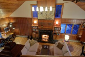 Seasonal winter rental in Stowe Vermont. Living room seen from second floor